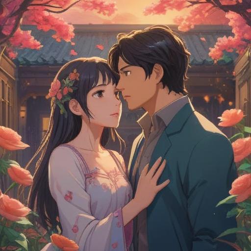 A serene and mystical scene, vibrant colors, ethereal light, symbols of love and connection, gentle aura surrounding a couple, blooming flowers representing growth, celestial elements like stars and moon, warm and inviting atmosphere, spiritual energy, 4k