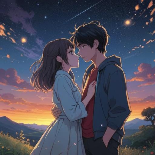 A serene and ethereal illustration of a couple gazing into each other's eyes under a starry night sky, glowing constellations representing love and spirituality, gentle light illuminating their faces, a sense of deep connection and harmony, soft dreamlike colors, lush nature surrounding them, mystical aura, 4k