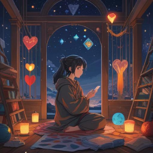 A thoughtful depiction of a person contemplating love, surrounded by symbolic spiritual signs like hearts, stars, and soft glowing lights, serene expression, gentle aura, introspective atmosphere, harmonious colors, nature elements in the background, 4k