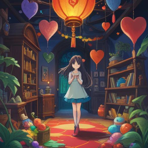 A positive and uplifting illustration of lucky items representing a love-oriented personality, whimsical charm, vibrant colors, romantic elements like hearts and flowers, surrounded by symbols of good luck like four-leaf clovers and horseshoes, dreamy atmosphere, enchanting setting, expressive details, 4k