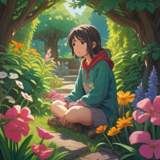 A serene and introspective scene, a person sitting cross-legged in a tranquil garden, surrounded by blooming flowers and gentle sunlight, engaging in deep conversation with a friend, symbolic elements like butterflies and crystals representing spiritual guidance, calm and reflective atmosphere, emotional connection, lush greenery, soft pastel colors, 4k