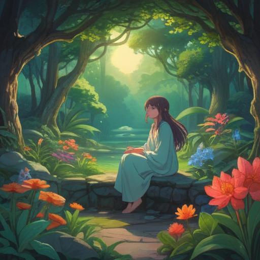 A serene illustration depicting a wise, ethereal figure sitting across from a hopeful individual, soft glows of light surrounding them, a peaceful garden filled with blooming flowers, a gentle breeze rustling the leaves, symbols of love and connection in the air, an atmosphere of guidance and understanding, warm and calming colors, 4k