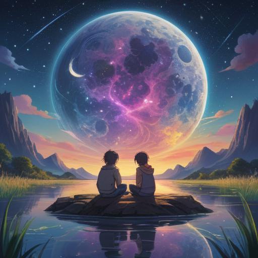 A serene and reflective scene depicting two friends conversing under a starry sky, subtle spiritual symbols in the background, a sense of connection and empathy, gentle body language, insightful expressions, ethereal glow around the characters, deep emotional resonance, nature surrounding them, calming atmosphere, 4k