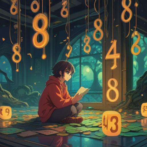 A whimsical illustration of a person pondering after giving relationship advice, surrounded by floating numbers representing lucky numbers, a soft glow around the numbers, an expression of contemplation on their face, a cozy café setting in the background, warm lighting, inviting atmosphere, soft-focus details, 4k
