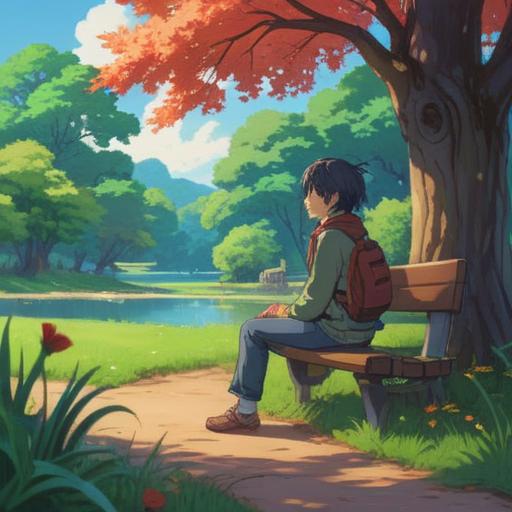 A serene and introspective scene depicting a person sitting alone in a quiet park, surrounded by nature, deep in thought after a conversation about love, a notebook open beside them filled with notes and sketches, warm sunlight filtering through the trees, calming atmosphere, gentle breeze, soft focus on the character's expression, 4k