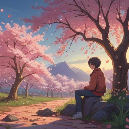 A serene and contemplative scene, a person sitting alone under a cherry blossom tree, observing falling petals, ethereal light surrounding them, symbols of spiritual awareness in the air, a gentle breeze suggesting introspection, a peaceful expression reflecting self-discovery, vibrant colors, tranquil environment, 4k