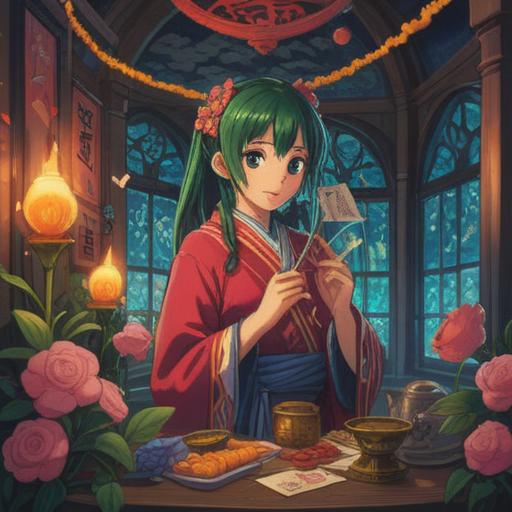 A whimsical scene depicting a character experiencing a lucky moment in love for the first time, surrounded by symbols of fortune like four-leaf clovers and shooting stars, bright and cheerful colors, an aura of innocence and wonder, soft sunlight filtering through trees, a feeling of excitement and hope, expressive facial features, 4k