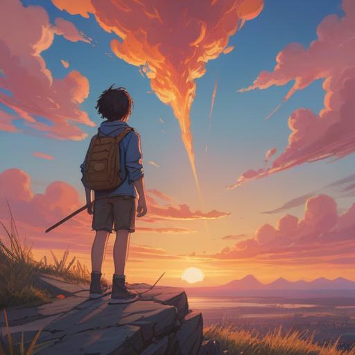 A hopeful scene of a person standing at a crossroads, looking up at a vibrant sunset, symbolizing new beginnings, soft pastel colors reflecting on their face, surrounded by lush greenery, a subtle hint of nervousness and excitement, the pathway leading to a distant figure, representing potential connections, 4k