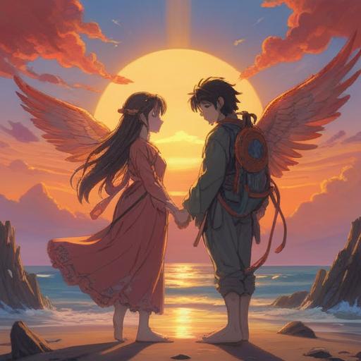 A serene moment capturing the essence of love as a spiritual sign, two figures embracing under a glowing sunset, ethereal light surrounding them, a gentle breeze swaying the flowers, symbols of connection in the air, tranquil expressions, a sense of harmony, deep emotional resonance, nature's beauty enhancing the moment, 4k