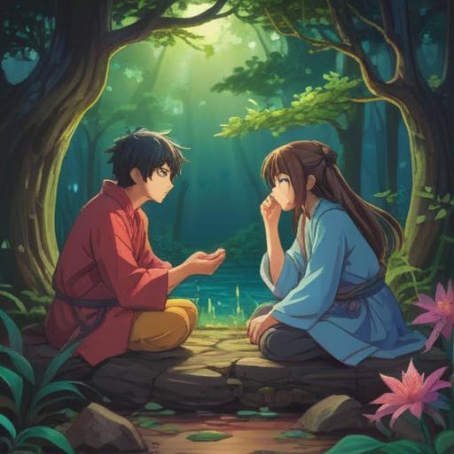 A serene and introspective scene depicting the spiritual challenges and lessons of romantic feelings, two figures in a contemplative pose facing each other, ethereal light surrounding them, symbols of love and spiritual growth in the background, nature elements intertwined, soft focus on emotional expressions, an atmosphere of enlightenment and understanding, 4k
