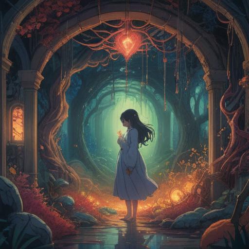 A mysterious scene depicting spiritual signs of love blockages, ethereal energies swirling, a person looking contemplative, subtle ghostly figures representing intuition, symbolic objects like broken hearts and crystals, a serene environment with soft lighting, introspective atmosphere, artistic detail, 4k