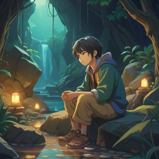 A mystical scene featuring a person sitting in a serene environment, gazing at a shimmering lucky stone, soft light illuminating the stone, surrounded by symbols of love such as hearts and flowers, a gentle breeze creating a sense of hope, dreamy atmosphere, ethereal colors, 4k