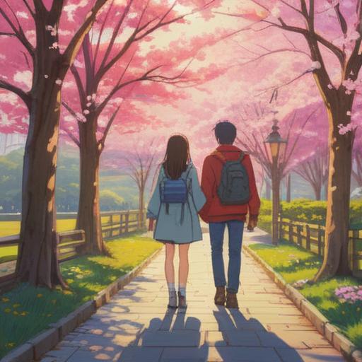A romantic and inspiring scene of a couple walking hand in hand through a picturesque park, surrounded by blooming cherry blossoms, soft sunlight filtering through the trees, smiling faces radiating happiness, a sense of connection and deep affection, various symbols of love in the background like heart-shaped clouds and glowing orbs, serene atmosphere, vivid colors, inviting and uplifting composition