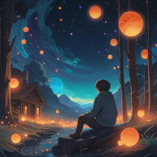 A mystical scene depicting a person sitting alone under a starry night sky, surrounded by glowing orbs of light representing spiritual energy, an ethereal aura enveloping them, deep reflection and introspection expressed on their face, subtle hints of a celestial connection, symbols of love and hope gently floating around, peaceful yet contemplative atmosphere, 4k
