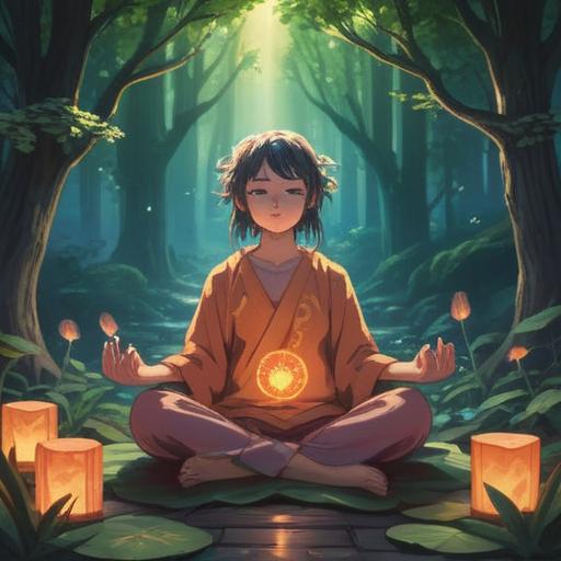 A serene and mystical illustration, soft glowing symbols, ethereal light emanating from the surroundings, a figure meditating, surrounded by gentle spirits, nature elements like blooming flowers and flowing water, calming colors, harmonious atmosphere, signs of love and hope, spiritual guidance, 4k