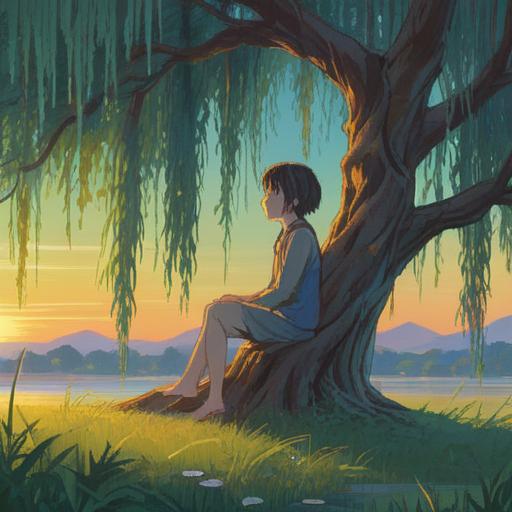 A serene and introspective landscape, depicting a person sitting under a weeping willow tree, surrounded by soft, ethereal light, conveying the emotional weight of love fatigue, symbolic elements like broken hearts and scattered petals, a gentle river reflecting the sky, a sense of hope and renewal, calming colors, 4k