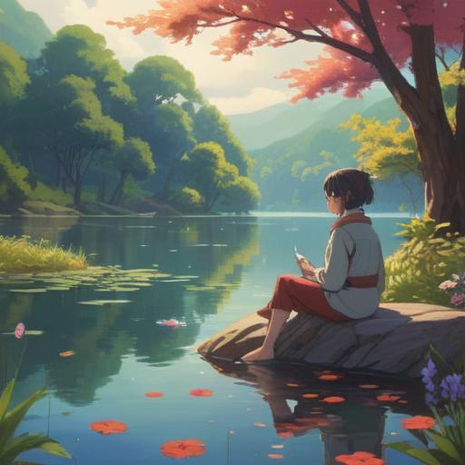 A serene landscape depicting a person sitting by a peaceful lake, surrounded by blooming flowers, soft sunlight filtering through the trees, ethereal colors in the sky, a sense of tranquility and reflection, symbols of love and renewal like butterflies and doves, emphasizing spiritual awakening, calming energy, 4k