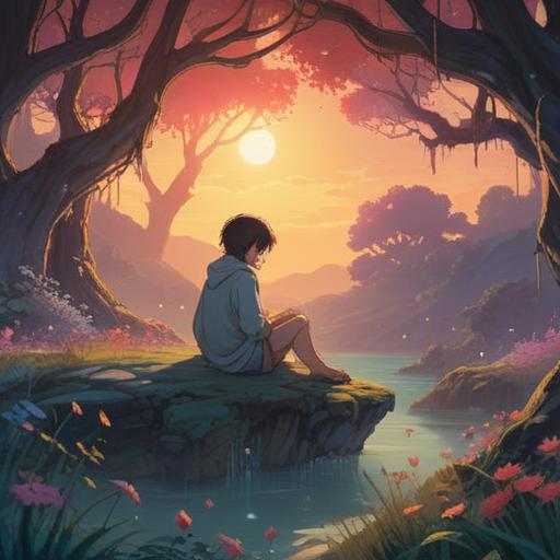 A serene illustration depicting a person sitting alone in a tranquil setting, surrounded by soft light, ethereal aura, symbols of love and fatigue, nature elements like blooming flowers and gentle breezes, a calming atmosphere, hints of spiritual symbols in the background, emotional expression of introspection, subtle transitions of colors representing emotional states, 4k