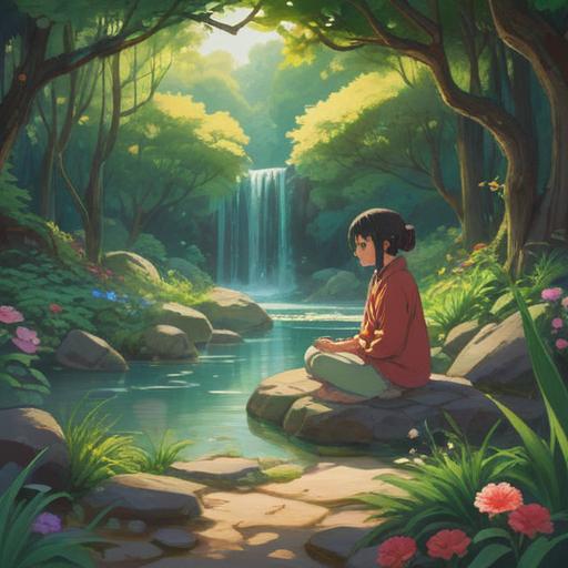 A serene landscape depicting a tranquil garden, vibrant flowers blooming in soft sunlight, a gentle stream flowing, a person meditating under a cherry blossom tree, surrounded by butterflies and birds, evoking a sense of peace and good fortune, harmonious colors, calm atmosphere, 4k