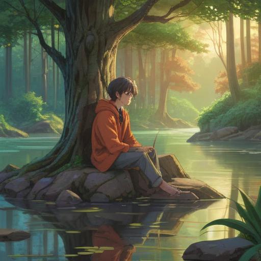 A serene landscape reflecting emotional detachment, ethereal light filtering through trees, a figure sitting by a tranquil river, deep in thought, surrounded by dreamlike imagery, symbols of personal growth and reflection, peaceful atmosphere, 4k
