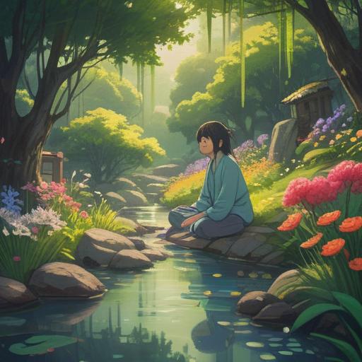 A serene and introspective scene, a person meditating in a tranquil garden, surrounded by blooming flowers, a gentle stream flowing nearby, soft sunlight filtering through the trees, symbolizing inner peace and self-discovery, vibrant colors, harmonious atmosphere, spiritual awakening, 4k