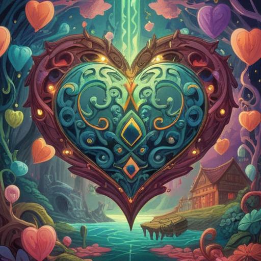 A whimsical artistic interpretation of a heart-shaped lucky charm, vibrant colors, magical aura, set against a serene background, features small symbols representing love and positivity, intricate designs, sparkling elements, conveying hope and newfound interest in love, 4k