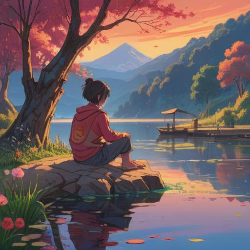 A serene scene depicting a person sitting by a tranquil lake at sunset, deep in thought and reflection, soft breeze rustling through cherry blossom trees, warm colors of the evening sky creating a hopeful atmosphere, subtle hints of a new beginning, symbolic elements like a heart or light glowing softly nearby, 4k