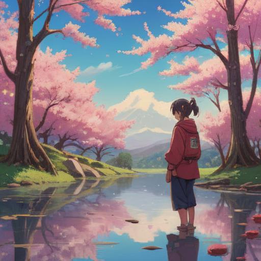 A serene illustration of a person reflecting by a tranquil lake, surrounded by blooming cherry blossom trees, soft light illuminating their contemplative expression, symbols of self-love and growth, vibrant colors conveying hope and spiritual awakening, peaceful atmosphere, 4k