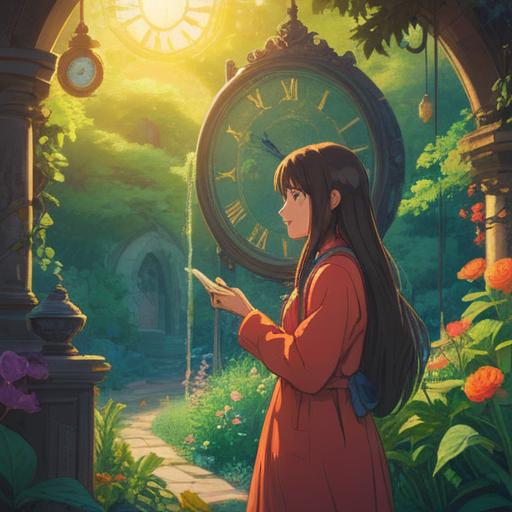 A whimsical illustration depicting a person looking at a clock displaying the numbers 7 and 8, surrounded by a serene garden, soft sunlight filtering through the leaves, a symbolic four-leaf clover nearby, conveying feelings of hope and longing, gentle expressions, vibrant colors, enchanting atmosphere, 4k