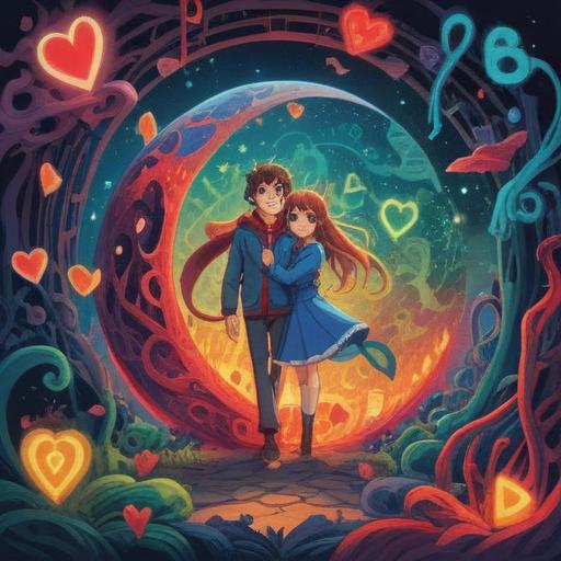 A vibrant illustration showcasing the concept of love supported by numbers, whimsical elements representing mathematical symbols, hearts intertwined with equations, a serene couple surrounded by numerical patterns, warm hues that evoke romance, a dreamy background with soft clouds and stars, harmonious composition, enchanting atmosphere, 4k