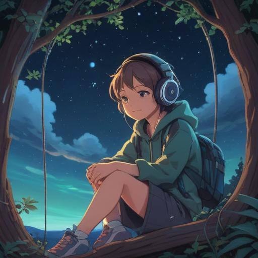 A serene scene of a person sitting under a starry sky, headphones on, eyes closed, immersed in music, ethereal light glowing around them, representing the connection between love songs and spiritual awakening, peaceful expression on their face, surrounded by floating musical notes, dreamy landscape, enchanting atmosphere, vibrant colors, 4k