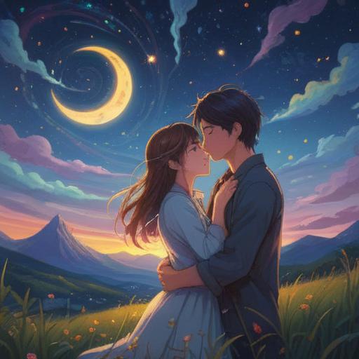 A dreamy landscape depicting a couple embracing under a starry sky, glowing musical notes floating around them, symbols of love and spirituality intertwined, soft light illuminating their faces, serene atmosphere filled with vibrant colors, ethereal aura, 4k