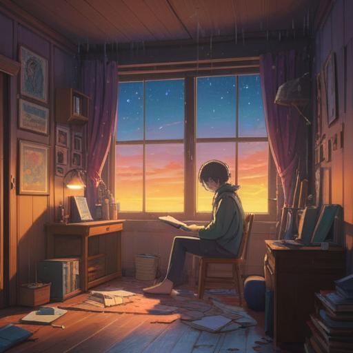 A serene illustration of a person sitting alone in a cozy room, soft light filtering through a window, surrounded by musical notes drifting in the air, ethereal aura, spiritual symbols subtly incorporated, contemplative expression, vibrant yet calming color palette, peaceful atmosphere, moments of self-reflection, 4k