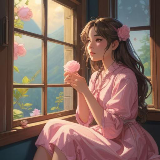 A serene and enchanting scene, a beautiful woman sitting by the window, soft sunlight streaming in, holding a sparkling rose quartz, a subtle glow surrounding her, reflective mood after listening to a romantic song, delicate flowers in a vase, calming atmosphere, gentle pastel colors, intricate details in the room, warm and inviting, 4k