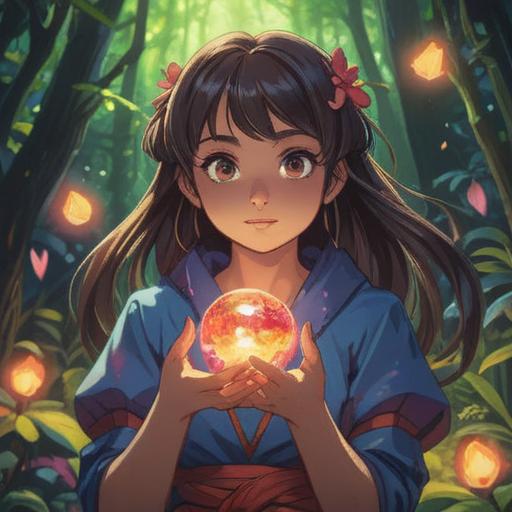 A vibrant illustration of a beautiful woman holding a radiant power stone in her hands, surrounded by glowing hearts and sparkles, a lush garden setting with blooming flowers symbolizing love and growth, soft sunlight filtering through the leaves, a serene and uplifting atmosphere, artistic representation of love energy and positivity, 4k