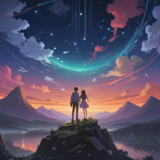 A serene scene depicting a couple embracing under a starlit sky, surrounded by floating musical notes, ethereal glow, symbolic representations of love and spirituality, intertwining vines, soft light illuminating their faces, emotional connection, dreamlike atmosphere, 4k