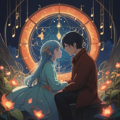 A serene illustration of a couple listening to a romantic song, ethereal light surrounding them, musical notes floating in the air, symbols of love and spirituality, nature setting with blooming flowers, soft glow and vibrant colors, harmonious atmosphere, emotional connection, 4k