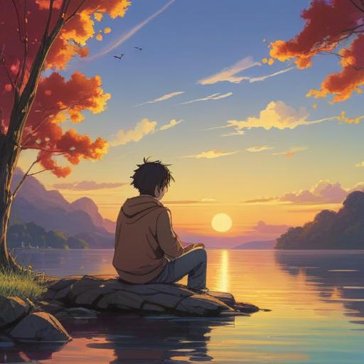 A serene scene depicting a person sitting on a tranquil lakeshore, listening to romantic music, the sun setting in the background, soft ripples in the water, butterflies fluttering around symbolizing love, ethereal glow representing spiritual signs, peaceful expression on the person's face, lush greenery surrounding, a sense of connection with the universe, 4k