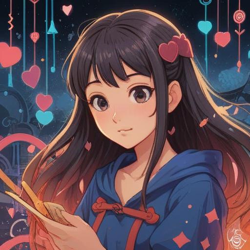 A vibrant illustration of a lucky charm inspired by love songs, surrounded by romantic symbols like hearts and musical notes, glowing softly in a beautiful sunset, dreamy atmosphere, characters happily embracing, colorful flowers in the foreground, whimsical details, 4k