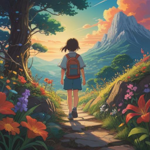 A captivating illustration depicting a young person on a journey of self-discovery, vibrant colors, a serene landscape filled with blooming flowers, a clear blue sky, the character wearing a radiant smile, holding a journal filled with dreams, light rays illuminating their path, symbolic elements representing personal growth and passion, 4k