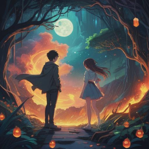 A romantic scene depicting two individuals standing apart, longing gazes yet separated by an ethereal barrier, the atmosphere filled with subtle glowing symbols representing spiritual connection, soft mist swirling around them, a warm sunset casting gentle shadows, emotional expressions reflecting deep yearning and unspoken feelings, an intricate blend of realism and surrealism, 4k