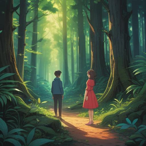 A serene scene depicting the concept of romantic misunderstandings, subtle hints of spiritual signs, two characters standing apart in a lush forest, gentle sunlight filtering through the trees, soft whispers of the wind, symbolic gestures indicating communication barriers, colorful flowers around them representing emotions, ethereal glow suggesting higher awareness, 4k