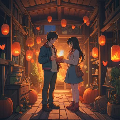 A romantic scene depicting a couple standing apart, each holding a unique lucky item, symbolic of overcoming misunderstandings, warm glow surrounding the items, emotional depth in their expressions, a soft sunset in the background, cozy atmosphere, vibrant colors, detailed surroundings, 4k