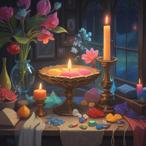 A beautiful still life composition, colorful crystals and healing stones, surrounded by candles and flowers, ethereal light illuminating the scene, gentle aura of love and spirituality, intricate details of each item, warm and inviting atmosphere, 4k