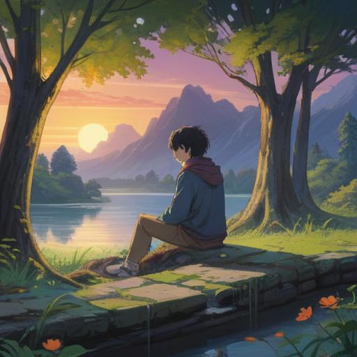 A serene and introspective illustration, a person sitting alone in a tranquil setting, soft light filtering through trees, reflecting on emotions, ethereal atmosphere, gentle colors, sense of solitude, subtle hints of spirituality, 4k