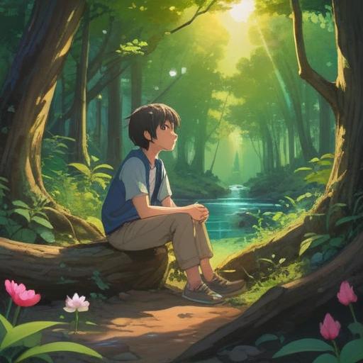A peaceful scene depicting a person sitting in nature, surrounded by gentle sunlight filtering through the trees, a serene expression on their face, deep in reflection, symbols of spiritual growth like blooming flowers and butterflies nearby, a calming aura, soft color palette, harmonious atmosphere, 4k