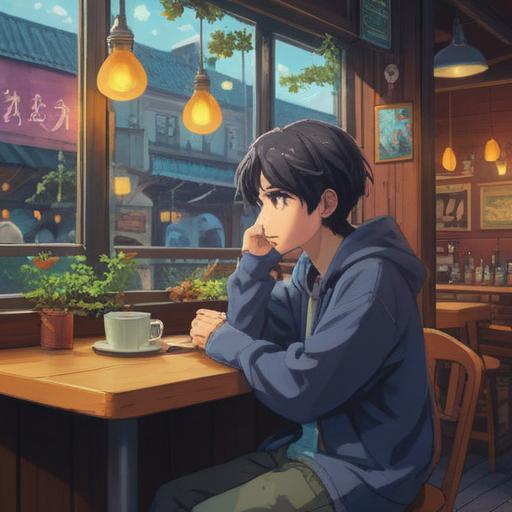 A serene and introspective scene, a person sitting alone at a café, contemplative expression, swirling steam from a cup of tea, soft natural light filtering through a window, subtle reflections on the glass, a journal open with handwritten notes, an aura of connection and solitude, gentle reminder of spiritual signs, 4k