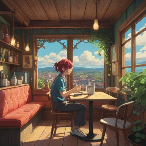 A whimsical illustration depicting a person sitting alone in a cozy café, gazing out the window with a thoughtful expression, sunlight streaming in, a forgotten cup of coffee on the table, playful elements like floating hearts or lucky charms around them, reflecting a sense of inner struggle and the unexpected joy of solitude, pastel colors, warm mood, 4k