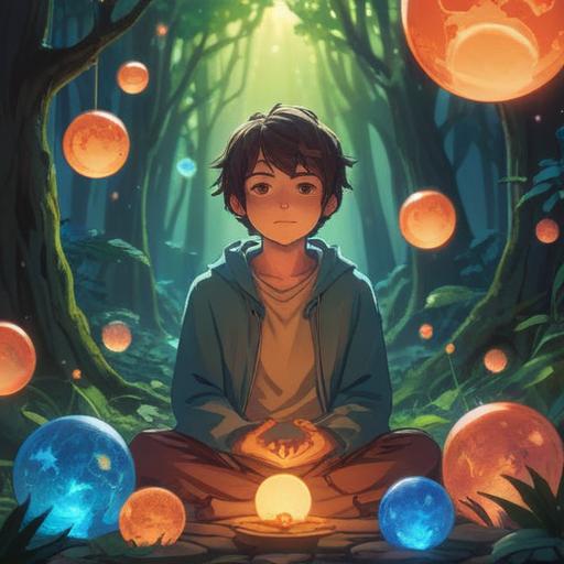 A serene and dreamy scene, a young person meditating in a peaceful environment, surrounded by glowing orbs representing love and connection, soft light filtering through trees, vibrant colors symbolizing hope and possibility, hints of futuristic cityscape in the background, calming atmosphere, intricate details in the character's expression, 4k