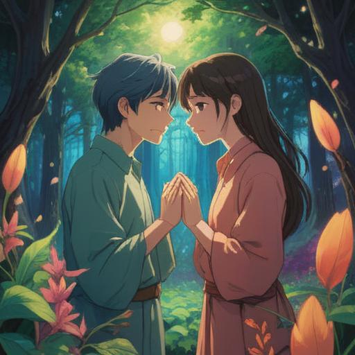 A serene and dreamy scene depicting the spiritual essence of love, ethereal light surrounding two figures, their hands gently touching, symbolizing connection and unity, soft pastel colors creating a romantic atmosphere, glowing orbs representing emotions and energies, nature in the background with blooming flowers, tranquil water reflecting the sky, 4k